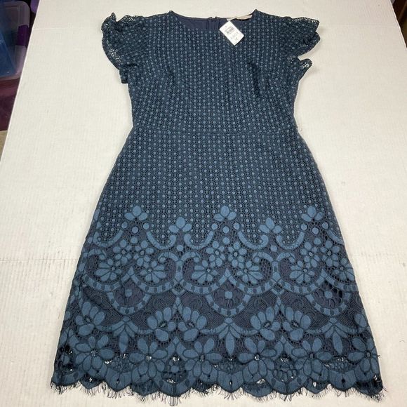 LOFT Dresses & Skirts - LOFT Professional Lace Pencil Dress Blue Short Sleeve Knee Length Size 0 NEW